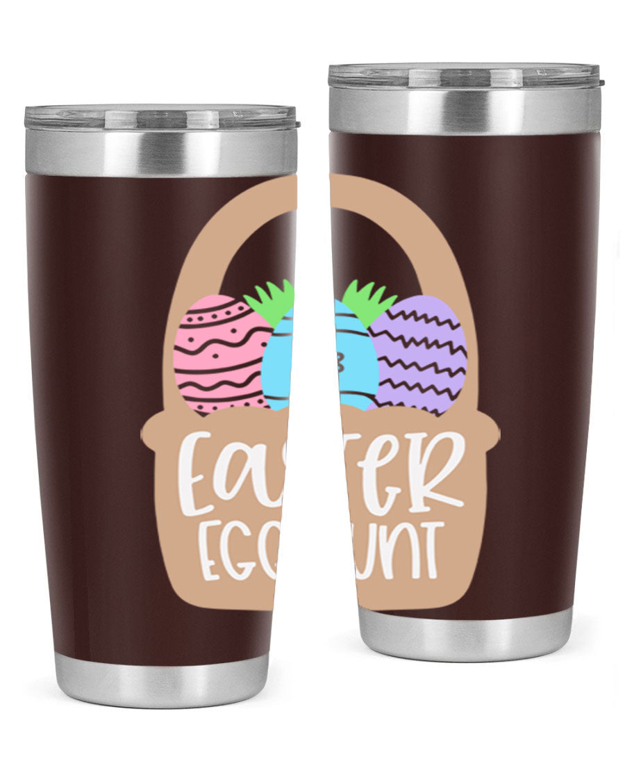 Easter Egg Hunt 20oz Tumbler featuring double wall vacuum stainless steel with a colorful design, perfect for hot and cold beverages.