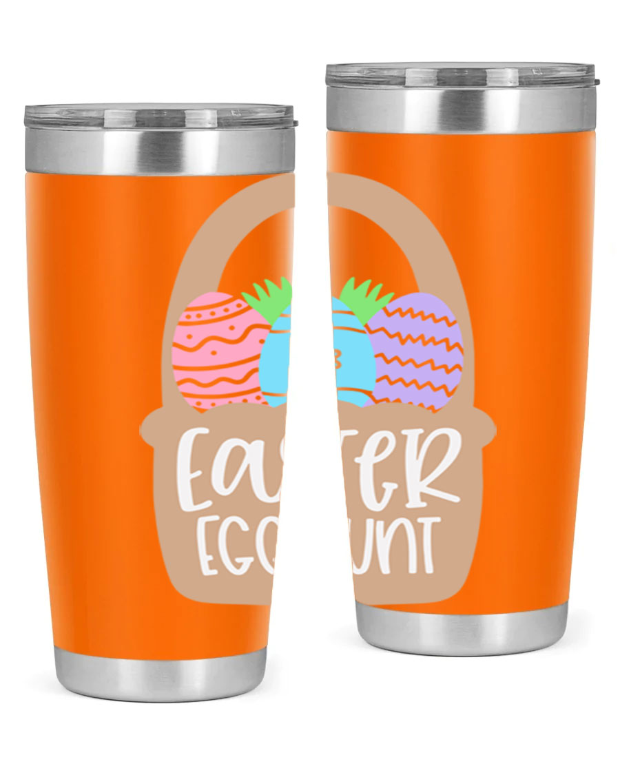 Easter Egg Hunt 20oz Tumbler featuring double wall vacuum stainless steel with a colorful design, perfect for hot and cold beverages.