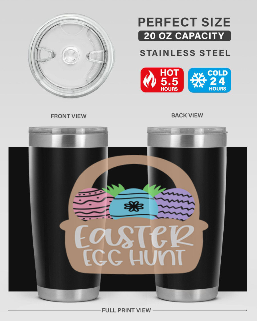 Easter Egg Hunt 20oz Tumbler featuring double wall vacuum stainless steel with a colorful design, perfect for hot and cold beverages.