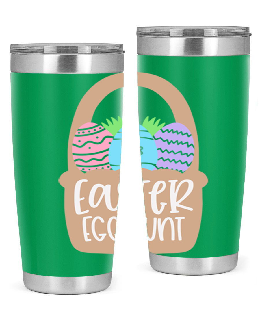 Easter Egg Hunt 20oz Tumbler featuring double wall vacuum stainless steel with a colorful design, perfect for hot and cold beverages.