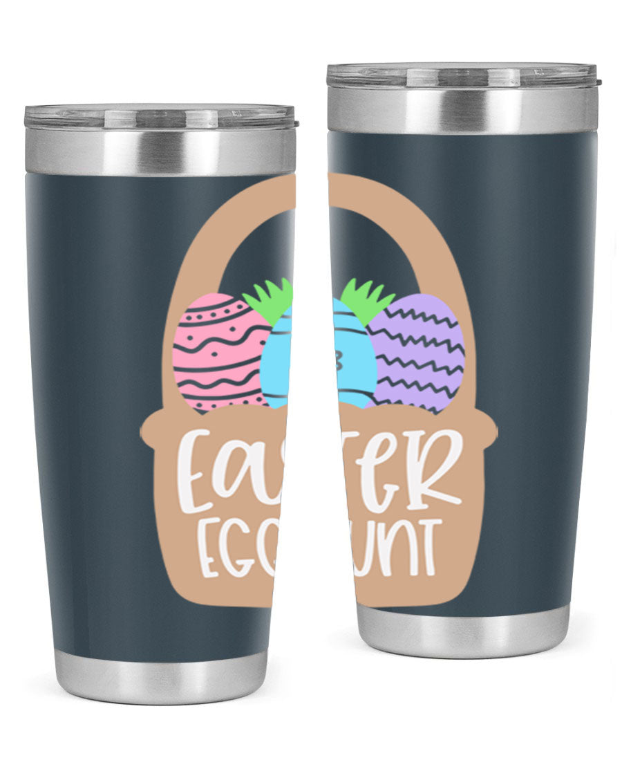 Easter Egg Hunt 20oz Tumbler featuring double wall vacuum stainless steel with a colorful design, perfect for hot and cold beverages.