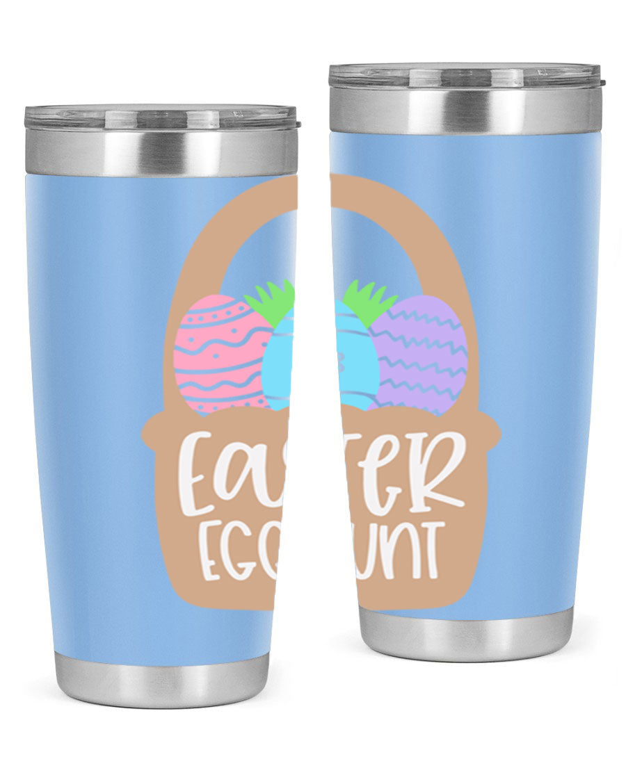 Easter Egg Hunt 20oz Tumbler featuring double wall vacuum stainless steel with a colorful design, perfect for hot and cold beverages.