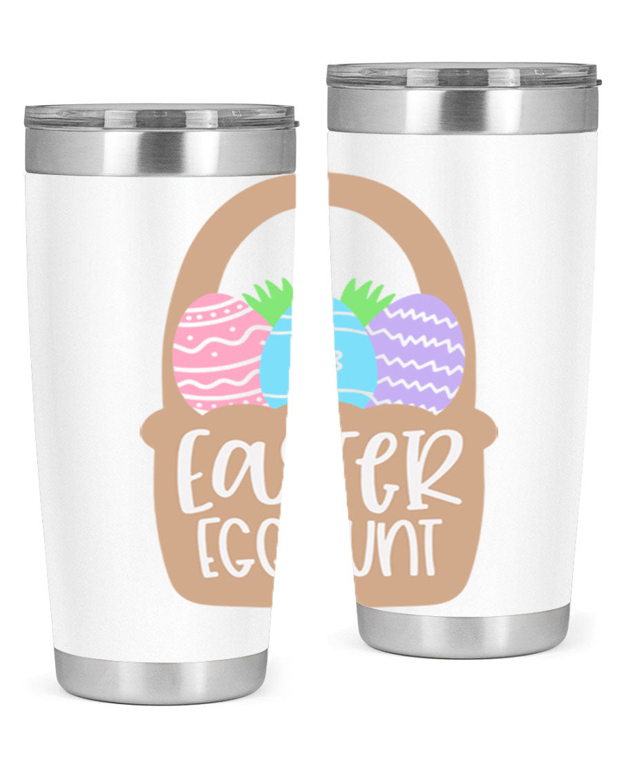 Easter Egg Hunt 20oz Tumbler featuring double wall vacuum stainless steel with a colorful design, perfect for hot and cold beverages.