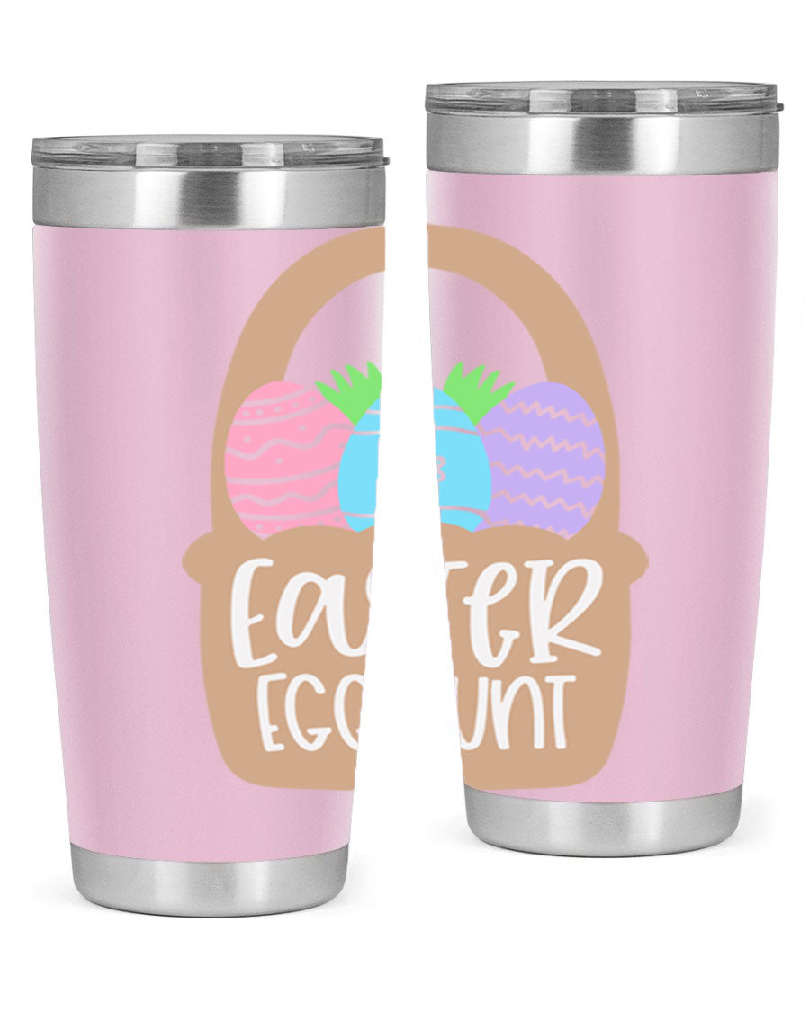 Easter Egg Hunt 20oz Tumbler featuring double wall vacuum stainless steel with a colorful design, perfect for hot and cold beverages.