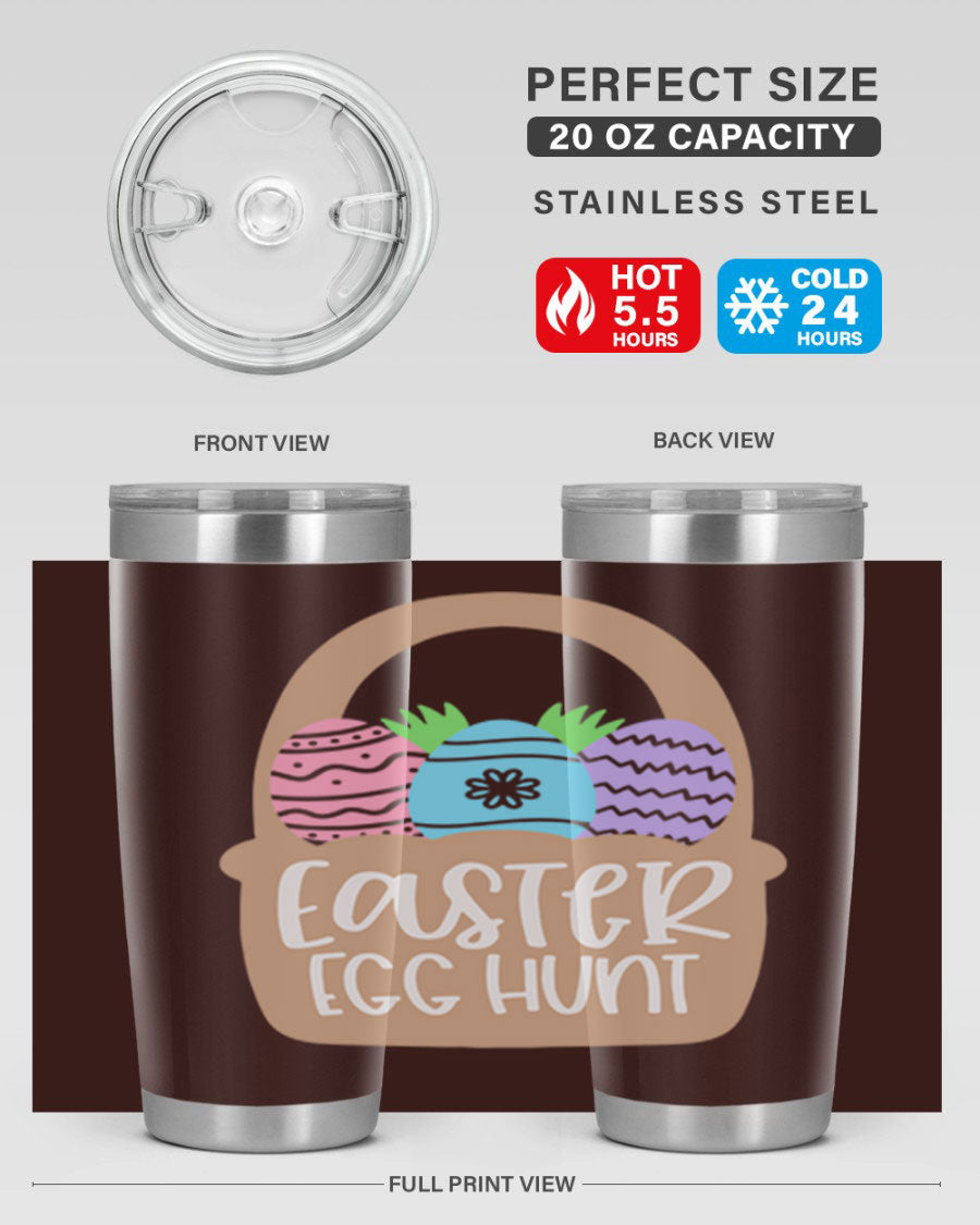 Easter Egg Hunt 20oz Tumbler featuring double wall vacuum stainless steel with a colorful design, perfect for hot and cold beverages.