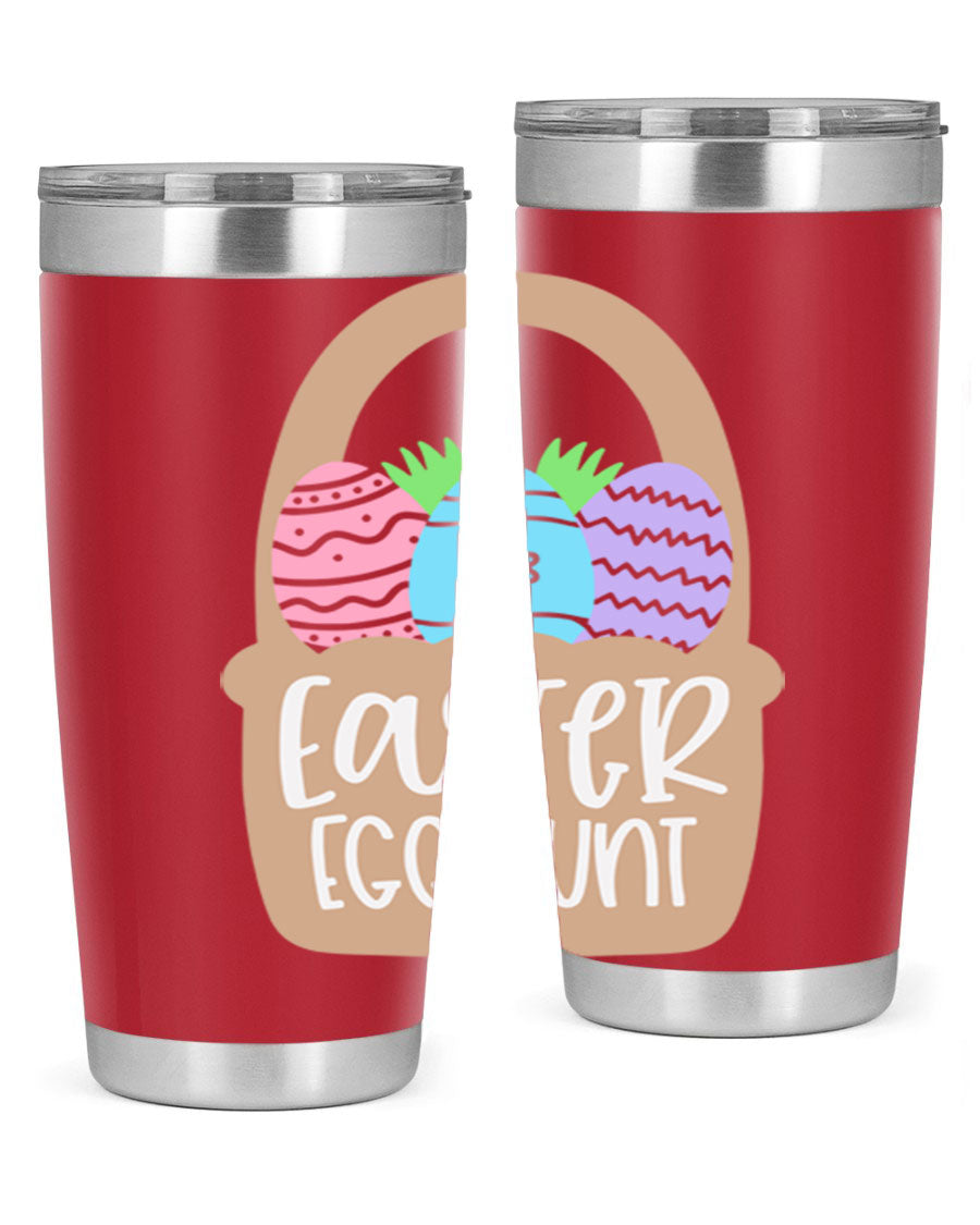 Easter Egg Hunt 20oz Tumbler featuring double wall vacuum stainless steel with a colorful design, perfect for hot and cold beverages.