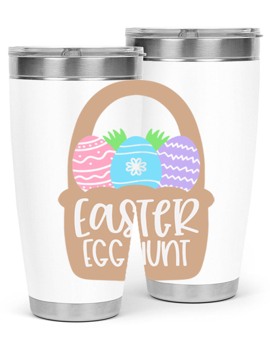 Easter Egg Hunt 20oz Tumbler featuring double wall vacuum stainless steel with a colorful design, perfect for hot and cold beverages.
