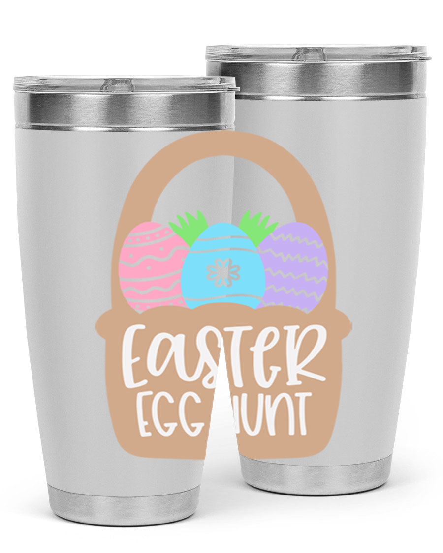 Easter Egg Hunt 20oz Tumbler featuring double wall vacuum stainless steel with a colorful design, perfect for hot and cold beverages.