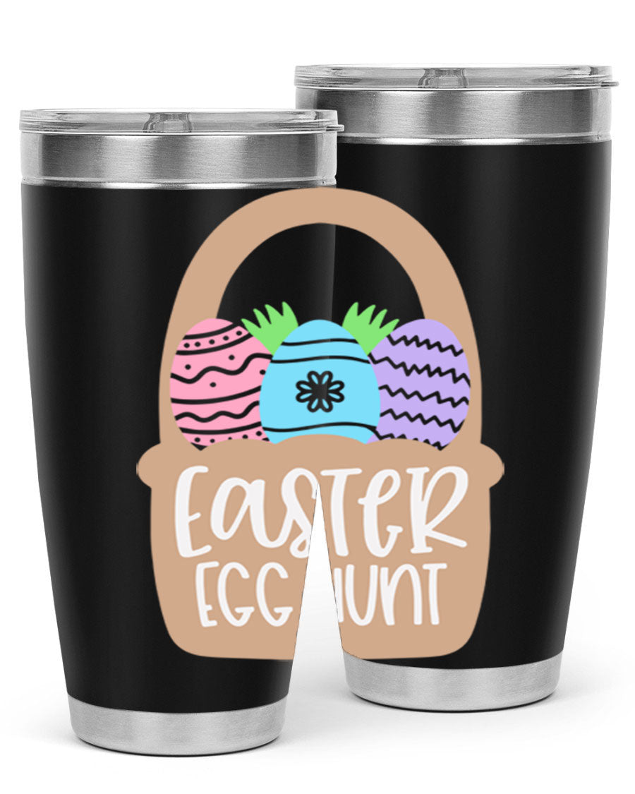 Easter Egg Hunt 20oz Tumbler featuring double wall vacuum stainless steel with a colorful design, perfect for hot and cold beverages.