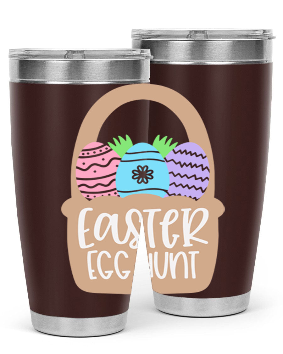 Easter Egg Hunt 20oz Tumbler featuring double wall vacuum stainless steel with a colorful design, perfect for hot and cold beverages.