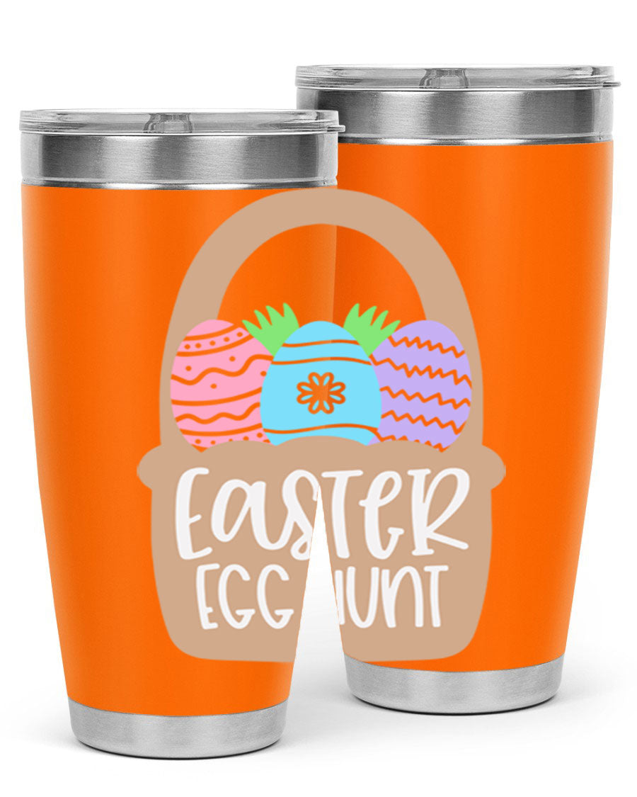 Easter Egg Hunt 20oz Tumbler featuring double wall vacuum stainless steel with a colorful design, perfect for hot and cold beverages.
