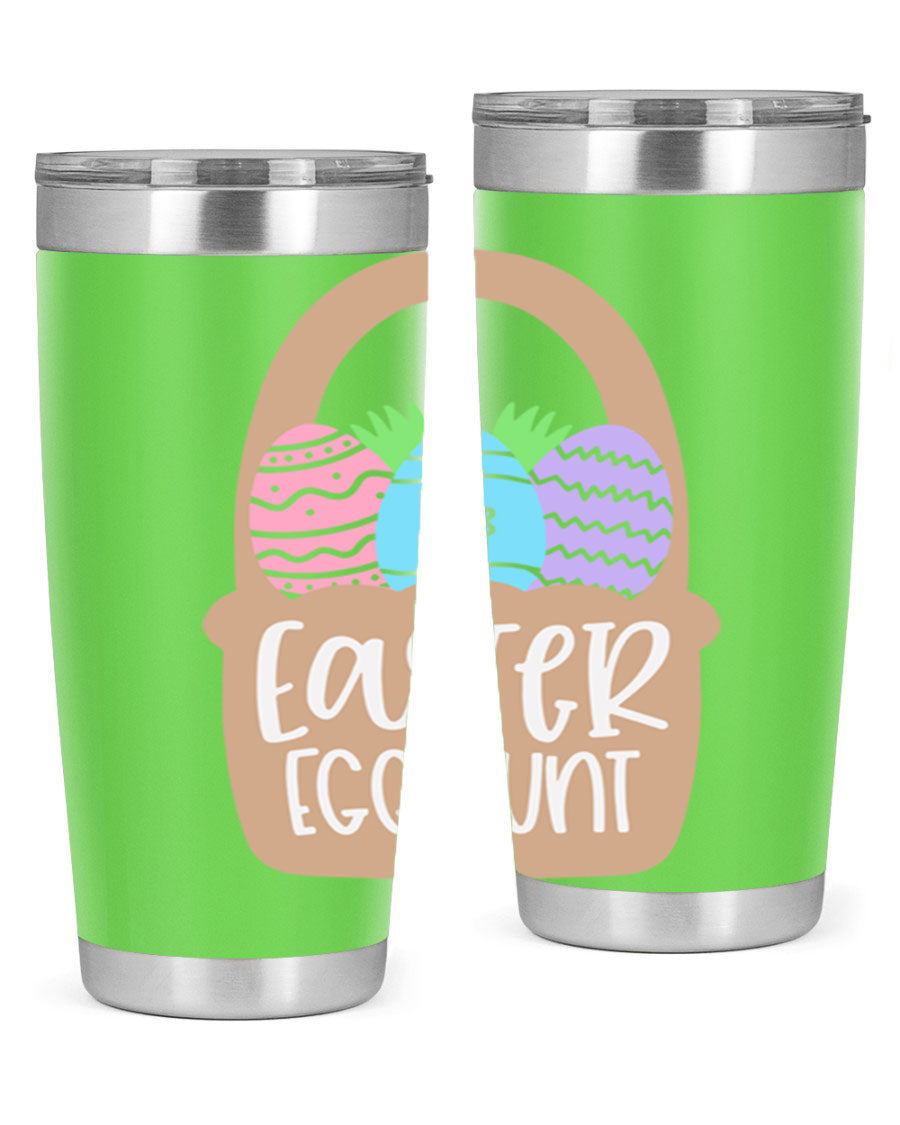 Easter Egg Hunt 20oz Tumbler featuring double wall vacuum stainless steel with a colorful design, perfect for hot and cold beverages.