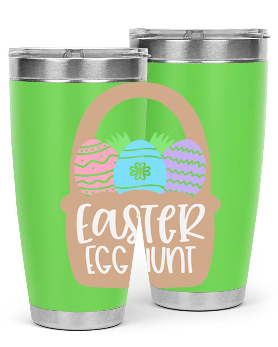 Easter Egg Hunt 20oz Tumbler featuring double wall vacuum stainless steel with a colorful design, perfect for hot and cold beverages.