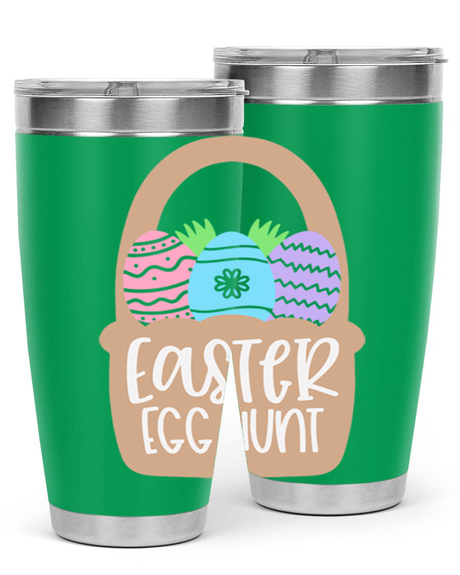 Easter Egg Hunt 20oz Tumbler featuring double wall vacuum stainless steel with a colorful design, perfect for hot and cold beverages.