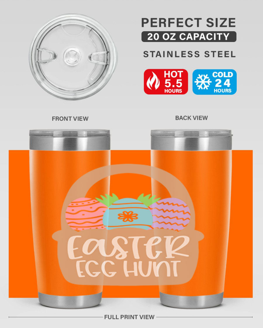 Easter Egg Hunt 20oz Tumbler featuring double wall vacuum stainless steel with a colorful design, perfect for hot and cold beverages.