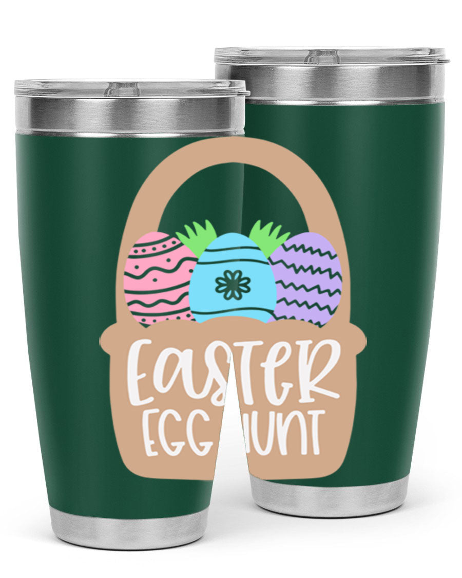 Easter Egg Hunt 20oz Tumbler featuring double wall vacuum stainless steel with a colorful design, perfect for hot and cold beverages.