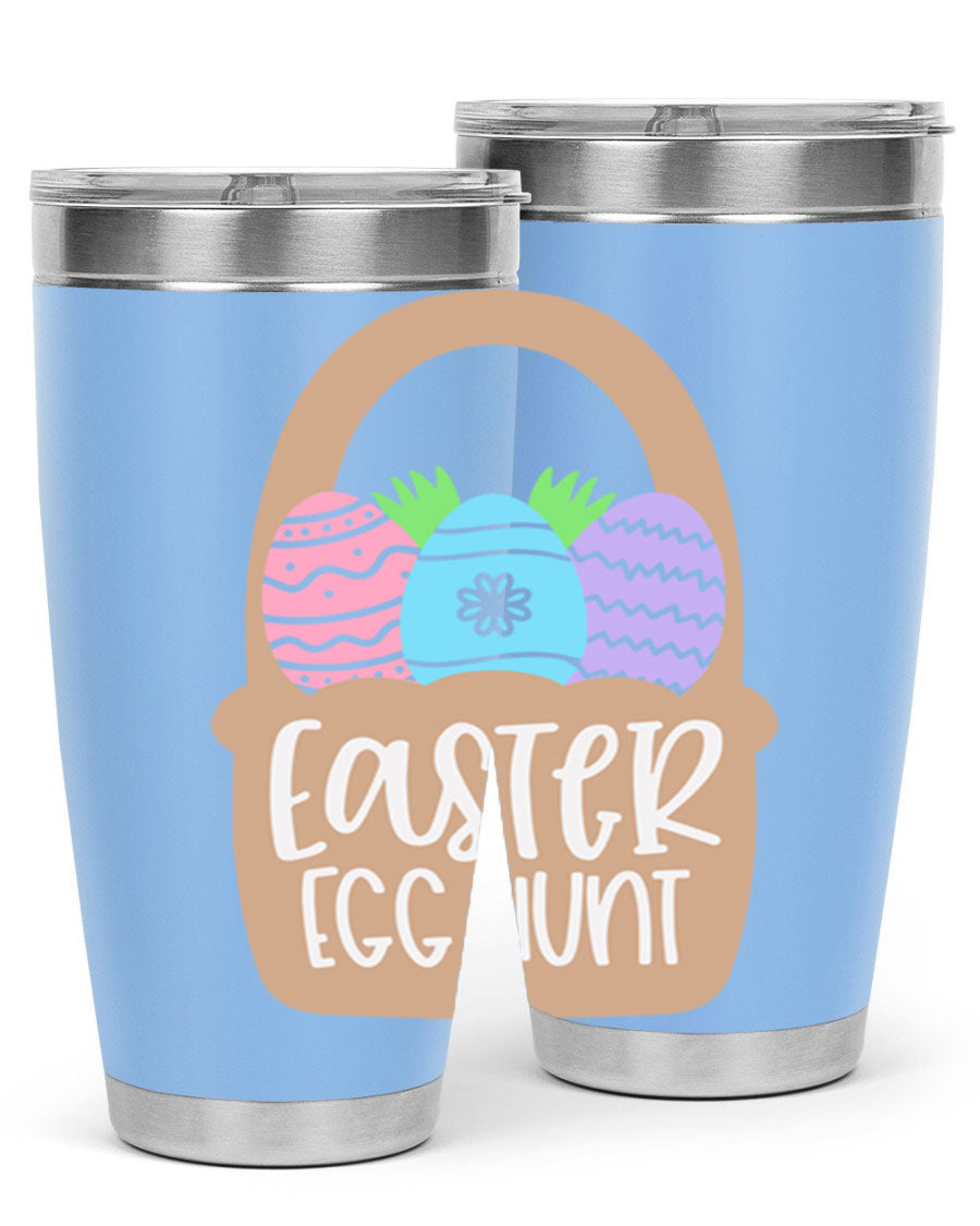 Easter Egg Hunt 20oz Tumbler featuring double wall vacuum stainless steel with a colorful design, perfect for hot and cold beverages.