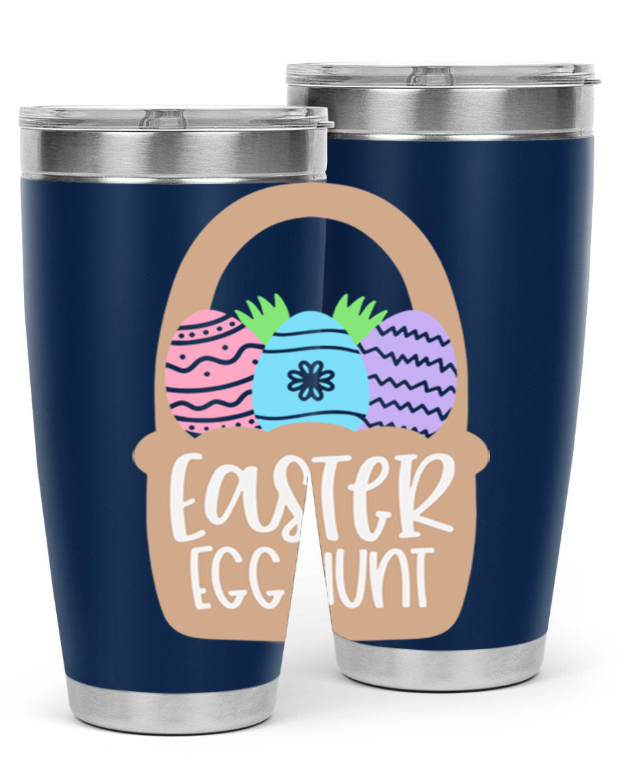 Easter Egg Hunt 20oz Tumbler featuring double wall vacuum stainless steel with a colorful design, perfect for hot and cold beverages.