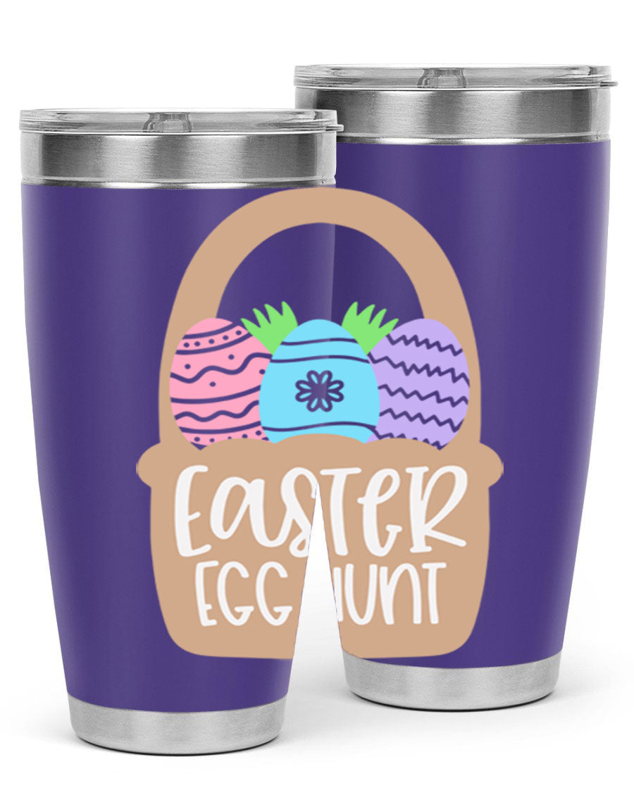 Easter Egg Hunt 20oz Tumbler featuring double wall vacuum stainless steel with a colorful design, perfect for hot and cold beverages.