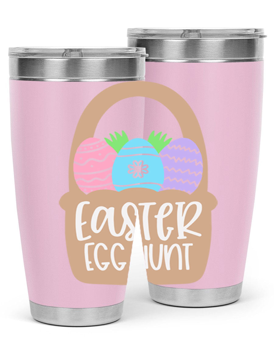Easter Egg Hunt 20oz Tumbler featuring double wall vacuum stainless steel with a colorful design, perfect for hot and cold beverages.
