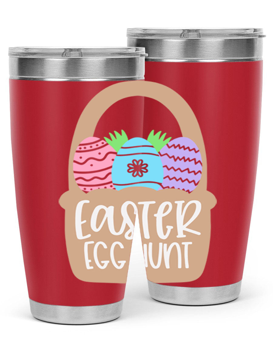 Easter Egg Hunt 20oz Tumbler featuring double wall vacuum stainless steel with a colorful design, perfect for hot and cold beverages.
