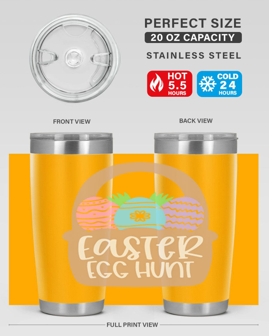 Easter Egg Hunt 20oz Tumbler featuring double wall vacuum stainless steel with a colorful design, perfect for hot and cold beverages.