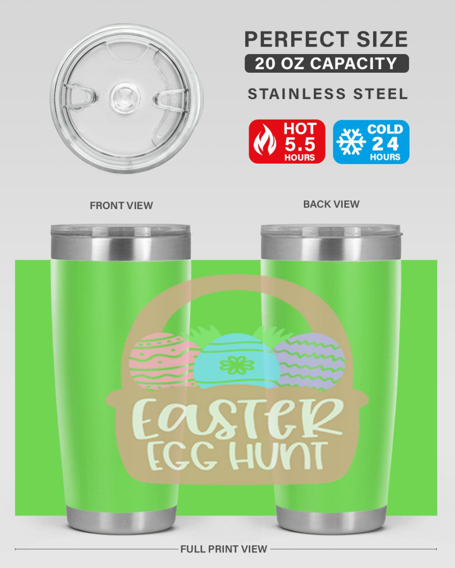 Easter Egg Hunt 20oz Tumbler featuring double wall vacuum stainless steel with a colorful design, perfect for hot and cold beverages.