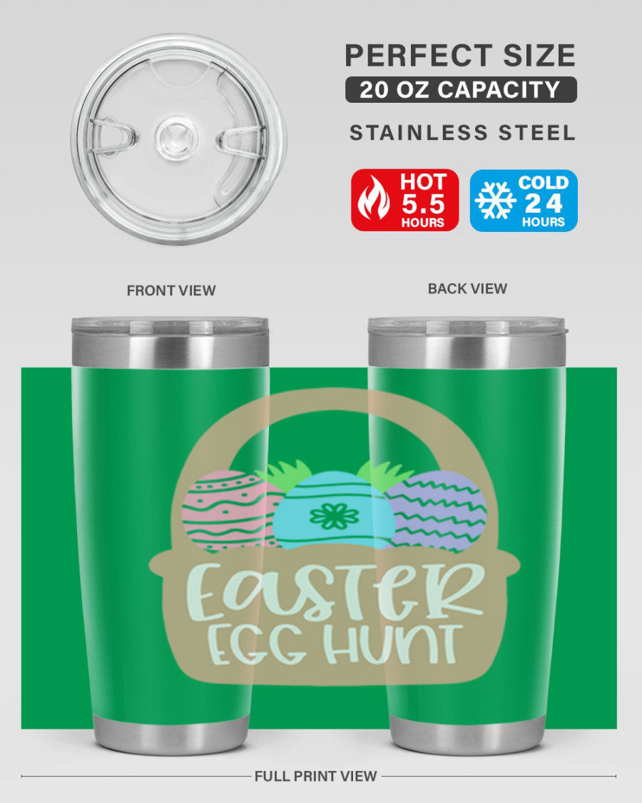 Easter Egg Hunt 20oz Tumbler featuring double wall vacuum stainless steel with a colorful design, perfect for hot and cold beverages.