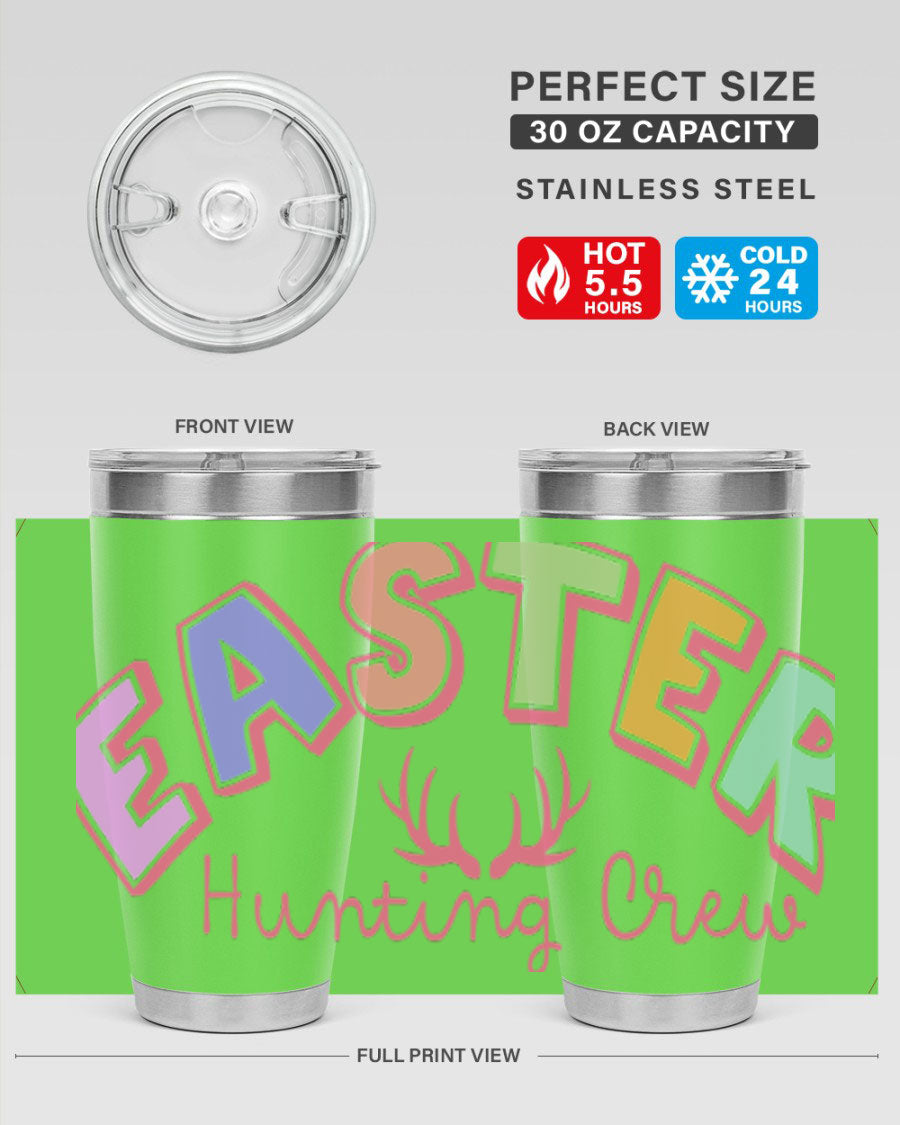 Easter Hunting Crew 20oz Tumbler featuring double wall vacuum insulation and a vibrant design, perfect for keeping drinks hot or cold.