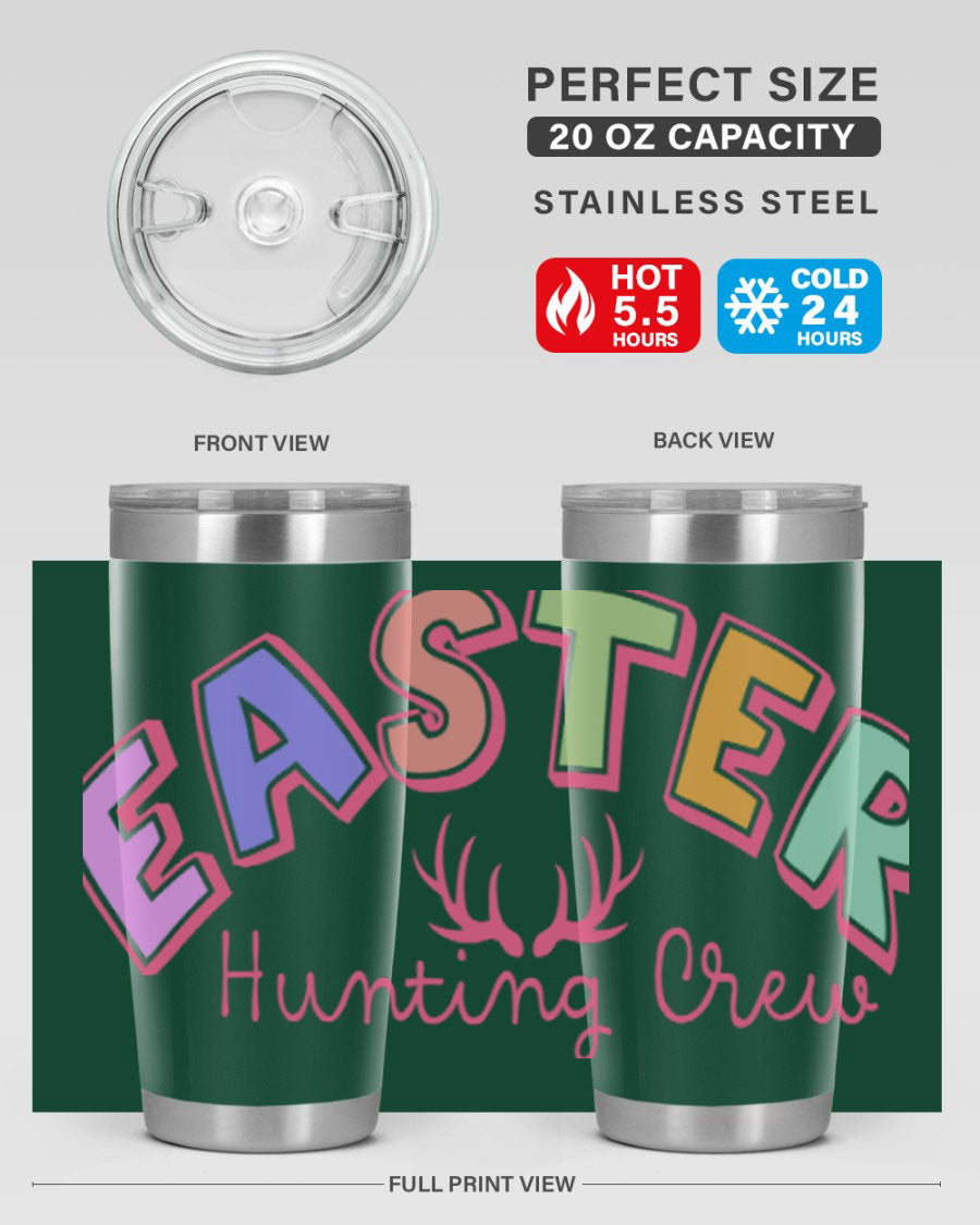 Easter Hunting Crew 20oz Tumbler featuring double wall vacuum insulation and a vibrant design, perfect for keeping drinks hot or cold.