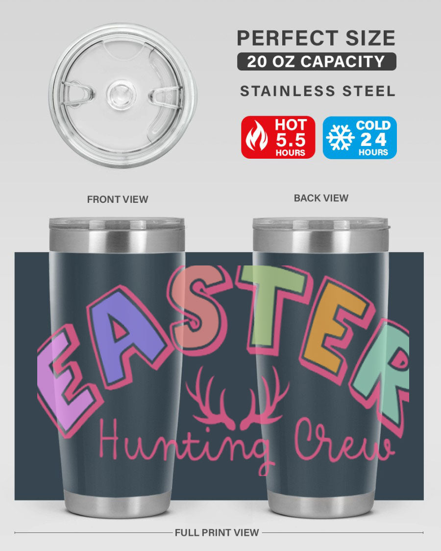 Easter Hunting Crew 20oz Tumbler featuring double wall vacuum insulation and a vibrant design, perfect for keeping drinks hot or cold.