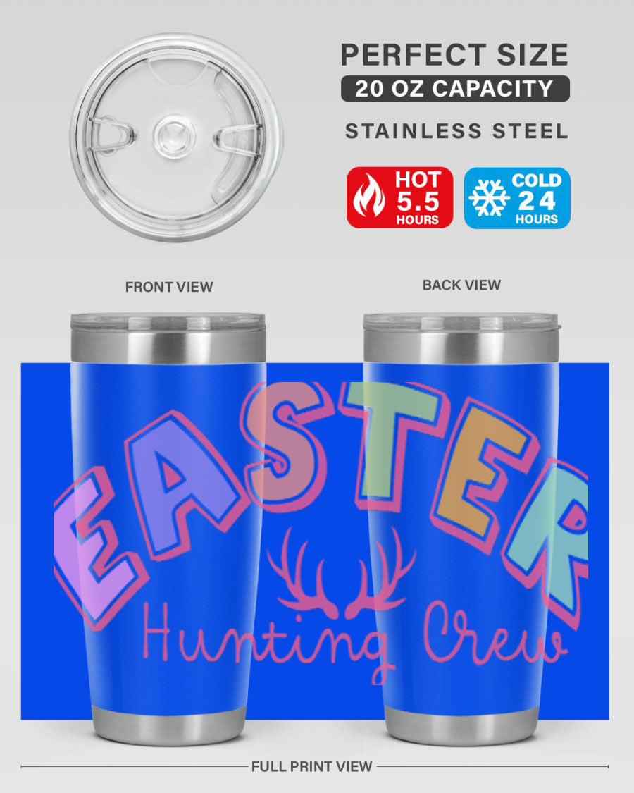 Easter Hunting Crew 20oz Tumbler featuring double wall vacuum insulation and a vibrant design, perfect for keeping drinks hot or cold.