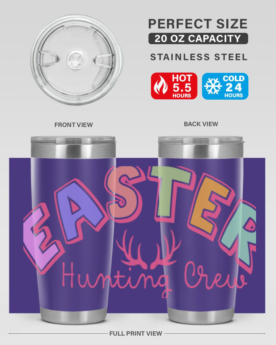Easter Hunting Crew 20oz Tumbler featuring double wall vacuum insulation and a vibrant design, perfect for keeping drinks hot or cold.