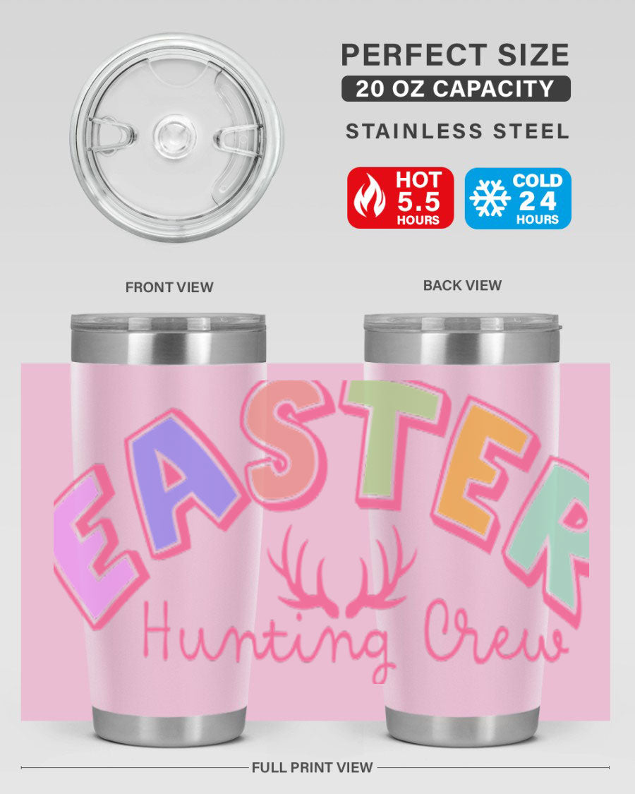 Easter Hunting Crew 20oz Tumbler featuring double wall vacuum insulation and a vibrant design, perfect for keeping drinks hot or cold.