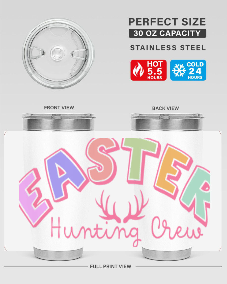 Easter Hunting Crew 20oz Tumbler featuring double wall vacuum insulation and a vibrant design, perfect for keeping drinks hot or cold.