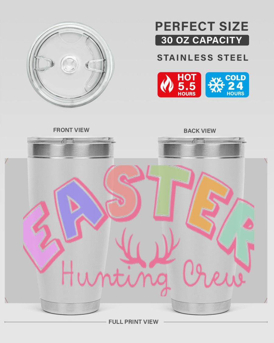 Easter Hunting Crew 20oz Tumbler featuring double wall vacuum insulation and a vibrant design, perfect for keeping drinks hot or cold.