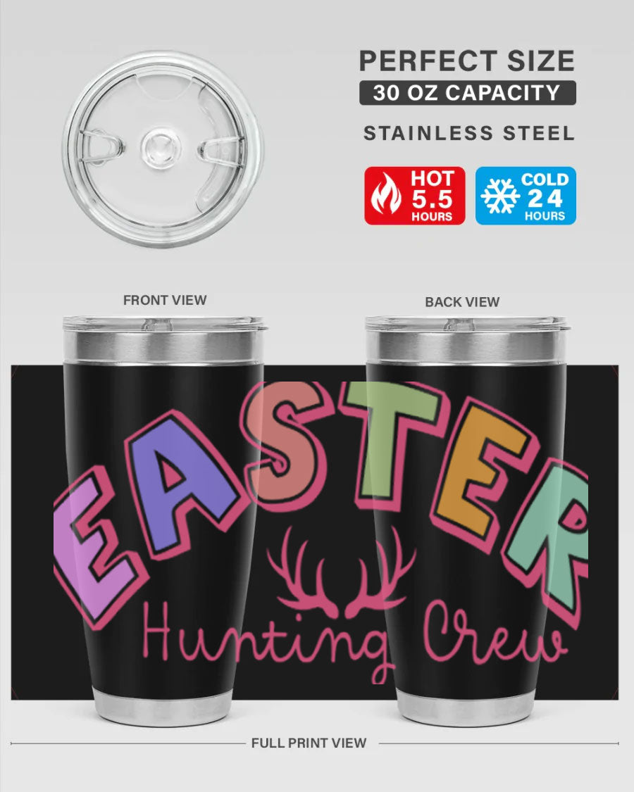 Easter Hunting Crew 20oz Tumbler featuring double wall vacuum insulation and a vibrant design, perfect for keeping drinks hot or cold.