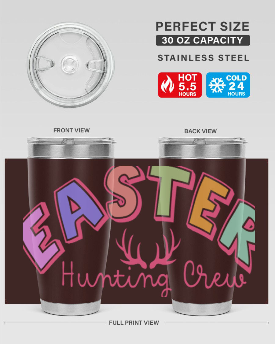 Easter Hunting Crew 20oz Tumbler featuring double wall vacuum insulation and a vibrant design, perfect for keeping drinks hot or cold.