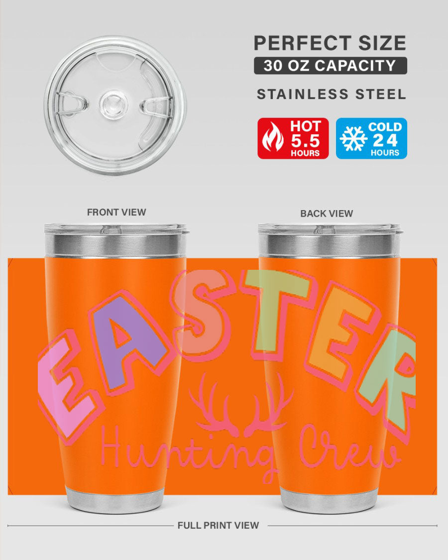 Easter Hunting Crew 20oz Tumbler featuring double wall vacuum insulation and a vibrant design, perfect for keeping drinks hot or cold.