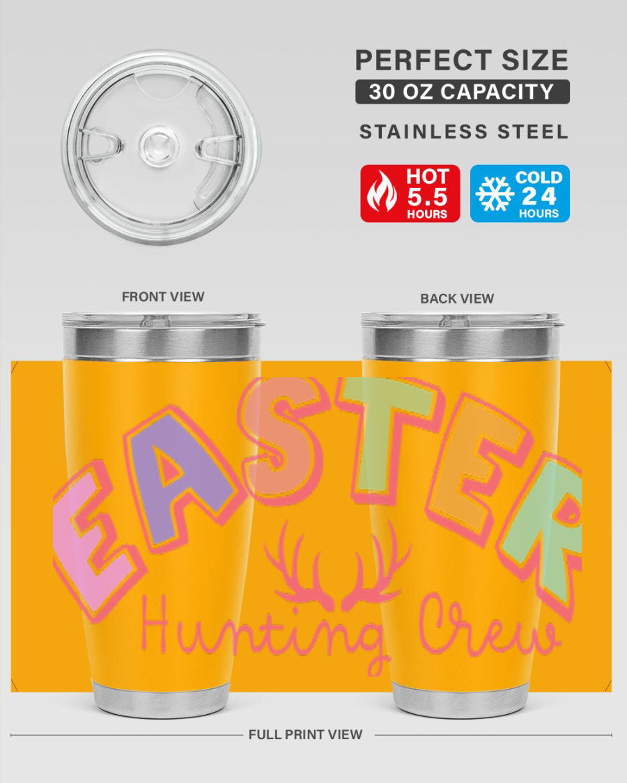 Easter Hunting Crew 20oz Tumbler featuring double wall vacuum insulation and a vibrant design, perfect for keeping drinks hot or cold.
