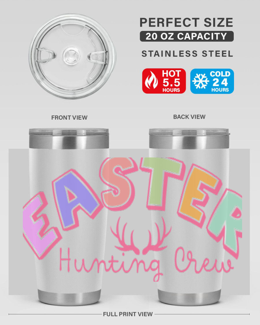 Easter Hunting Crew 20oz Tumbler featuring double wall vacuum insulation and a vibrant design, perfect for keeping drinks hot or cold.