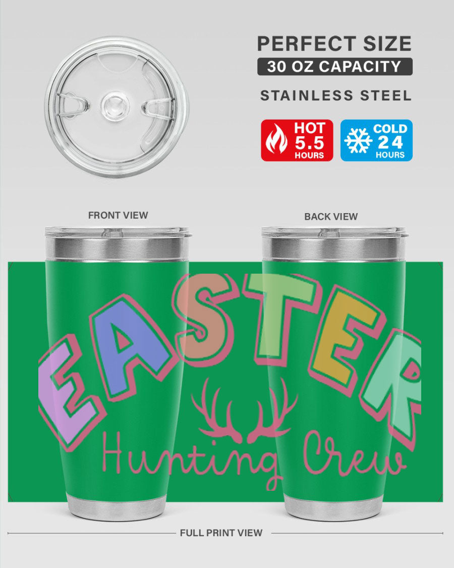 Easter Hunting Crew 20oz Tumbler featuring double wall vacuum insulation and a vibrant design, perfect for keeping drinks hot or cold.