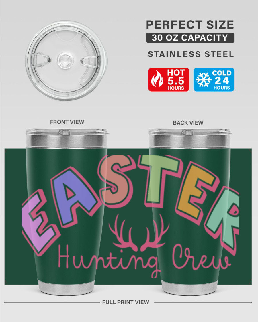 Easter Hunting Crew 20oz Tumbler featuring double wall vacuum insulation and a vibrant design, perfect for keeping drinks hot or cold.