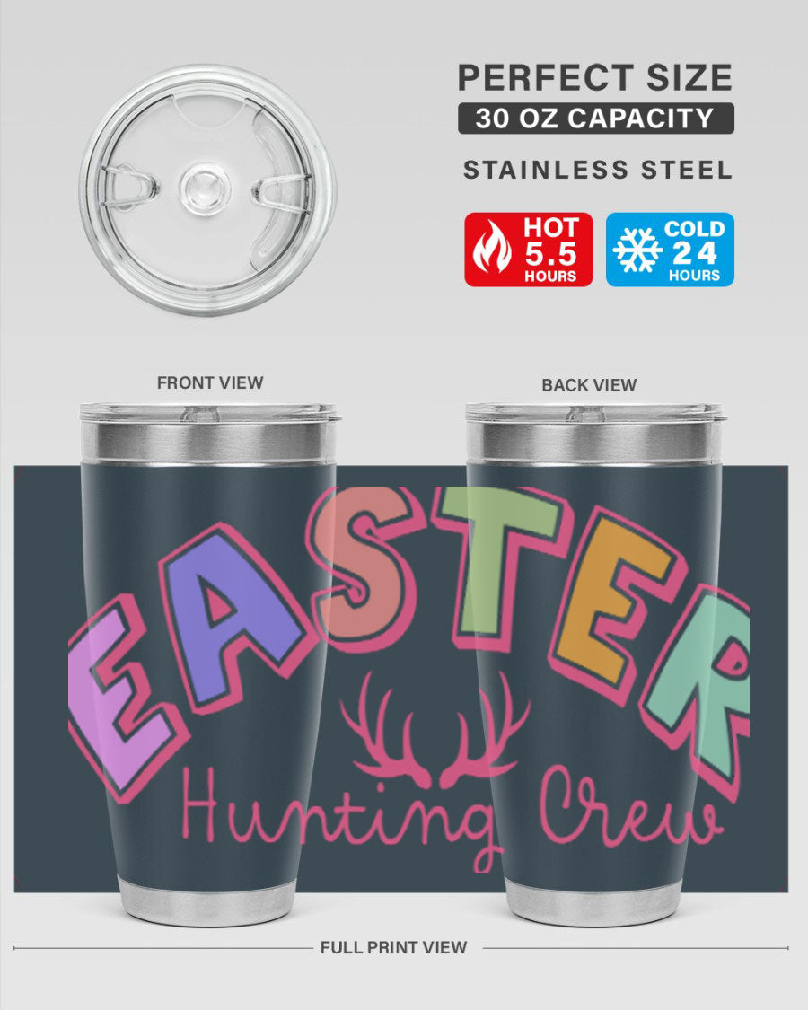 Easter Hunting Crew 20oz Tumbler featuring double wall vacuum insulation and a vibrant design, perfect for keeping drinks hot or cold.