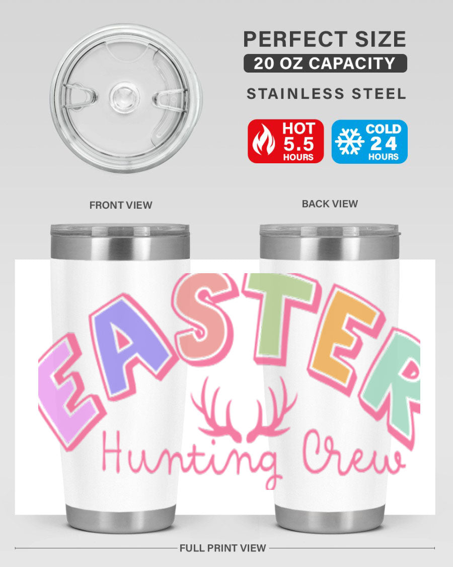 Easter Hunting Crew 20oz Tumbler featuring double wall vacuum insulation and a vibrant design, perfect for keeping drinks hot or cold.