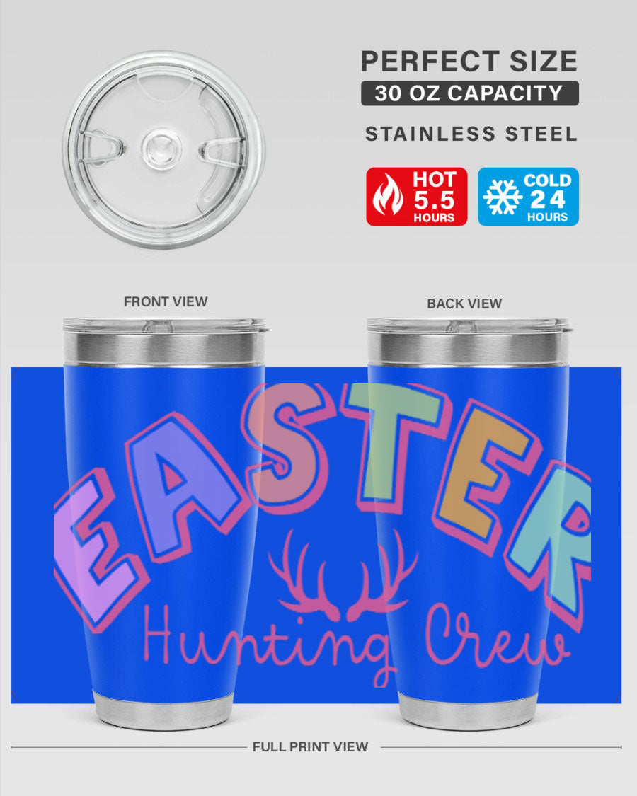 Easter Hunting Crew 20oz Tumbler featuring double wall vacuum insulation and a vibrant design, perfect for keeping drinks hot or cold.