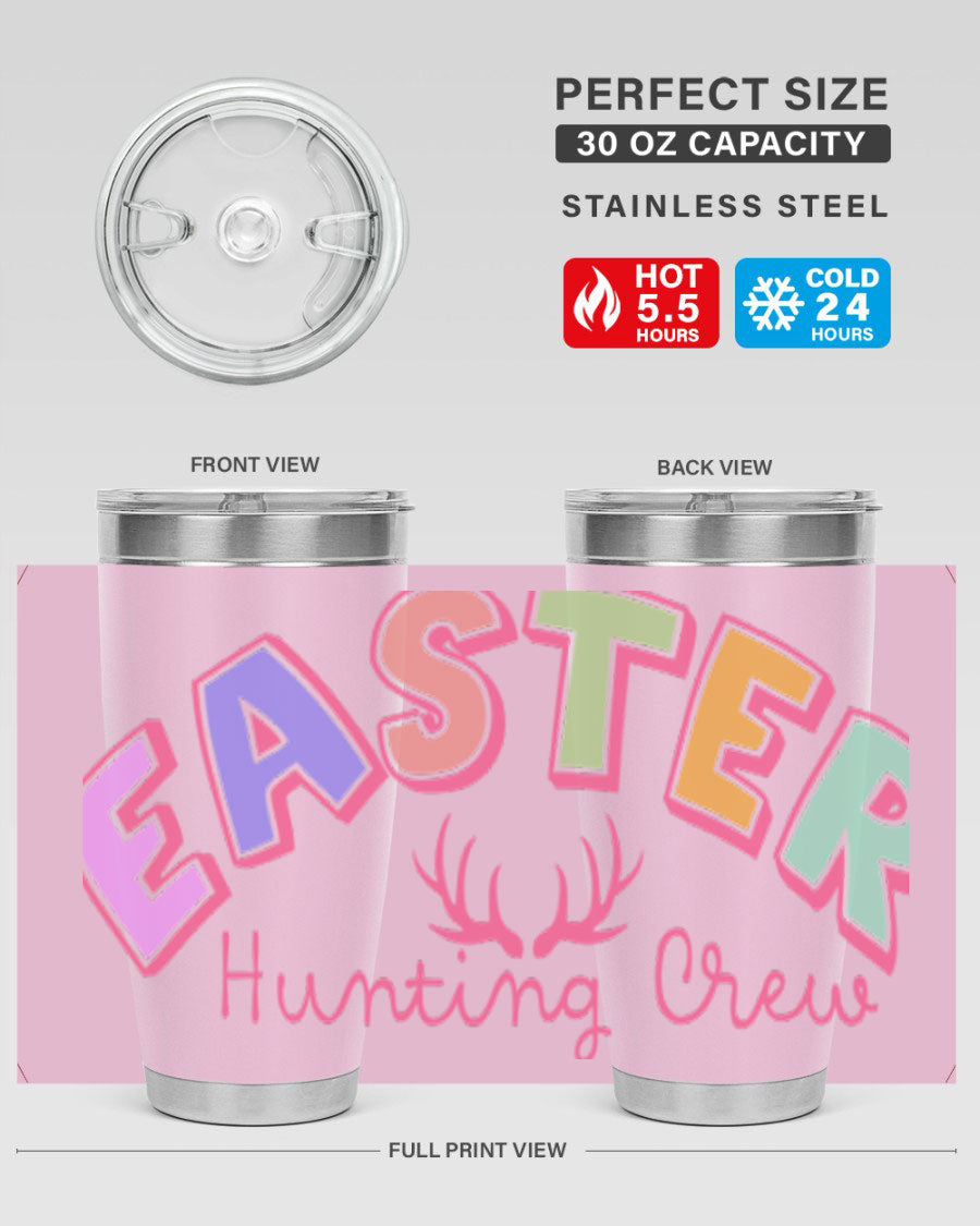 Easter Hunting Crew 20oz Tumbler featuring double wall vacuum insulation and a vibrant design, perfect for keeping drinks hot or cold.