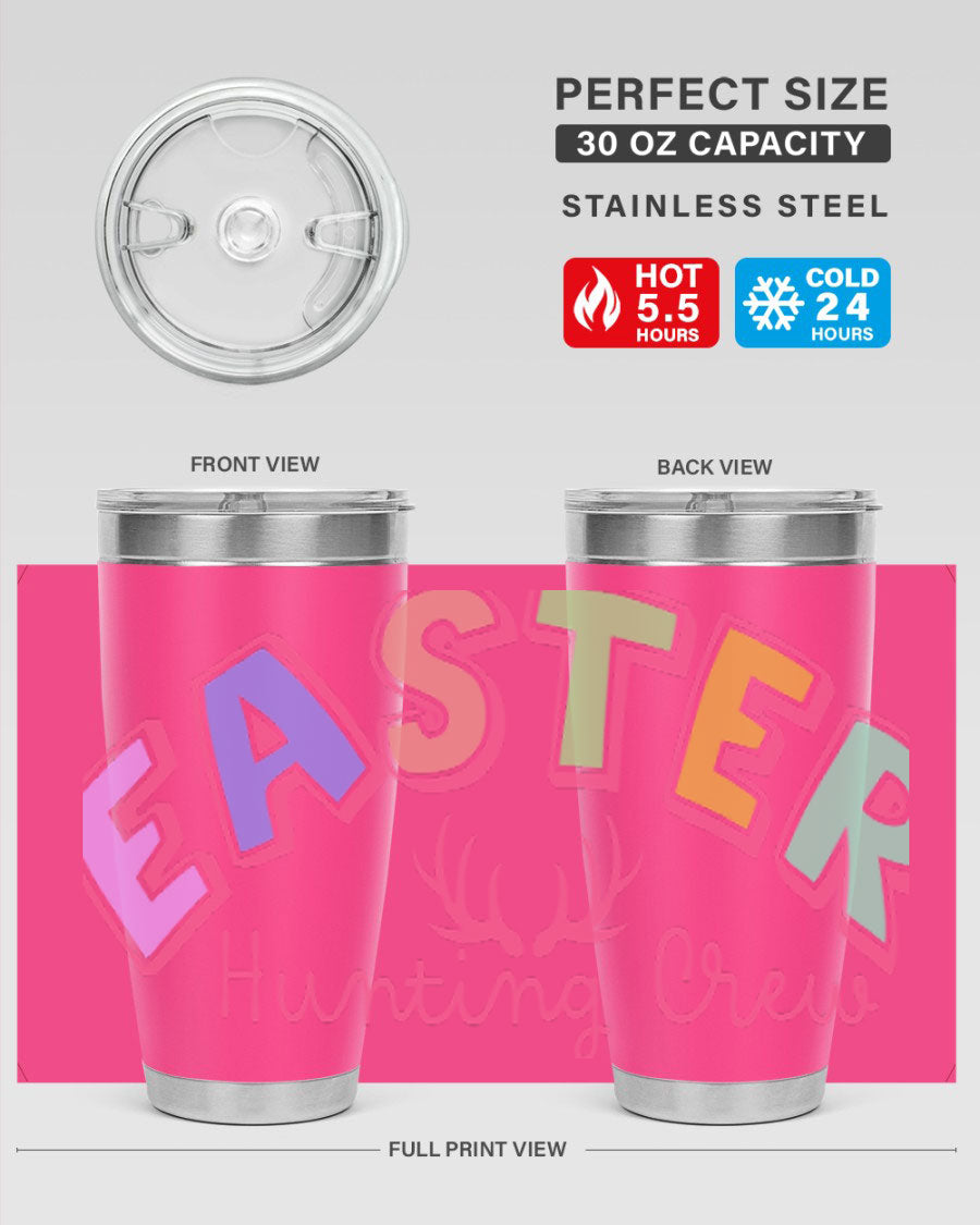 Easter Hunting Crew 20oz Tumbler featuring double wall vacuum insulation and a vibrant design, perfect for keeping drinks hot or cold.