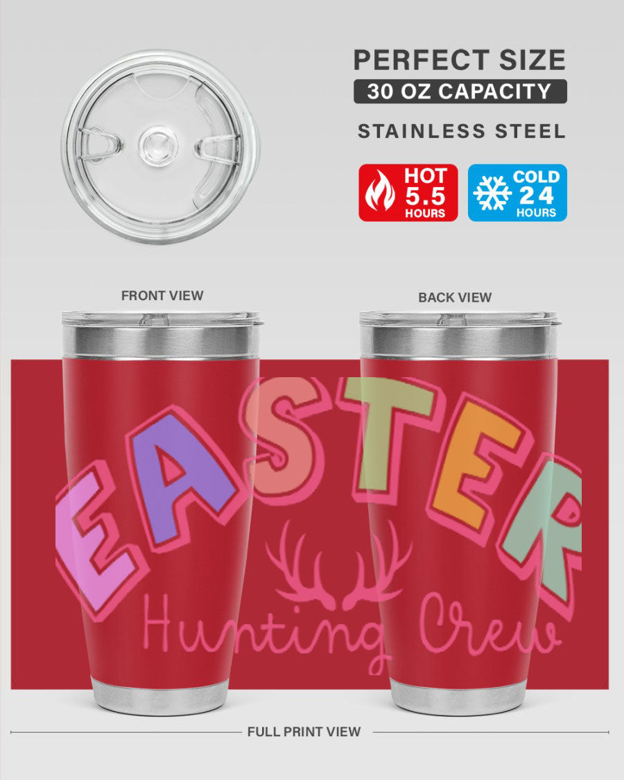 Easter Hunting Crew 20oz Tumbler featuring double wall vacuum insulation and a vibrant design, perfect for keeping drinks hot or cold.