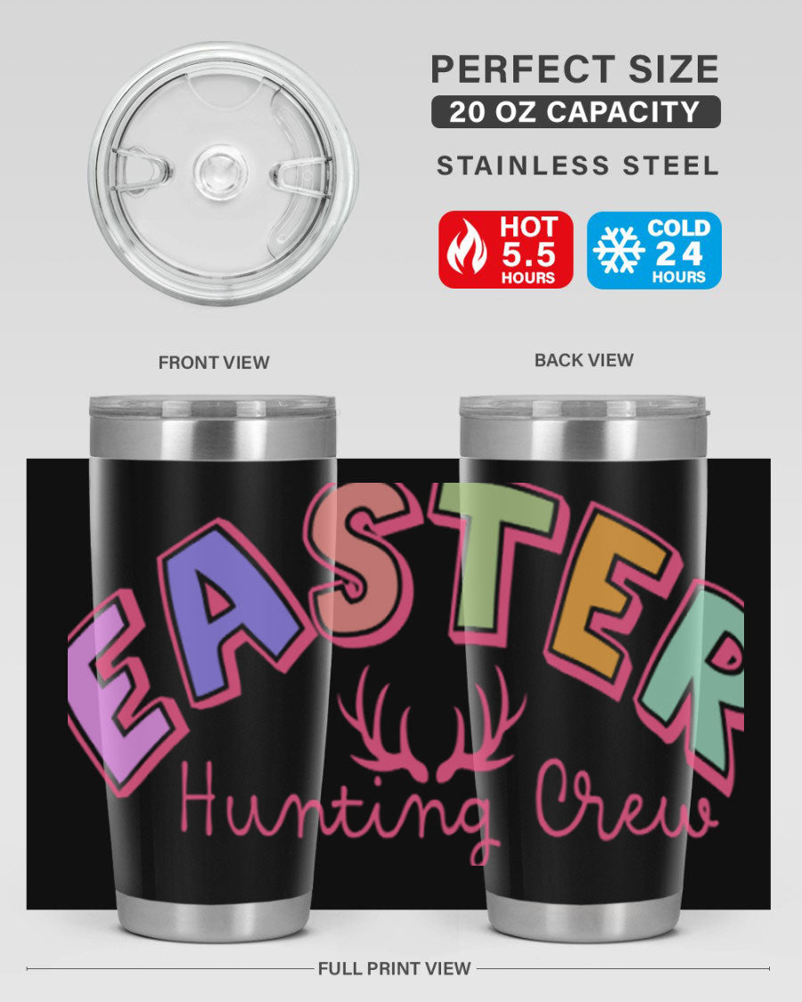 Easter Hunting Crew 20oz Tumbler featuring double wall vacuum insulation and a vibrant design, perfect for keeping drinks hot or cold.